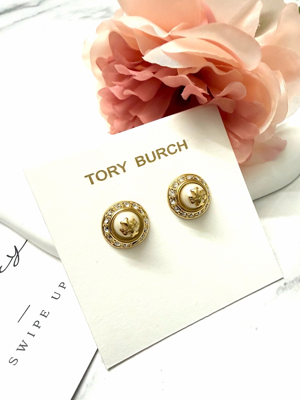 Tory Burch Gold and Pearl Logo Crystal-Trim Stud Earrings